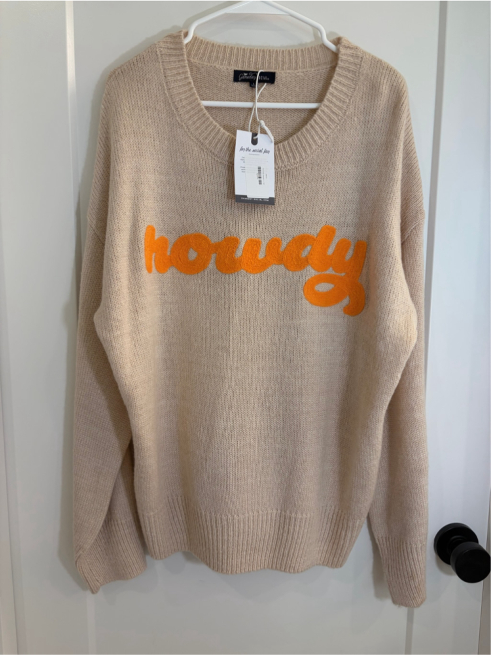 Gameday Social The Howdy Sweater Cream Oatmeal Orange Script NWT Size L
